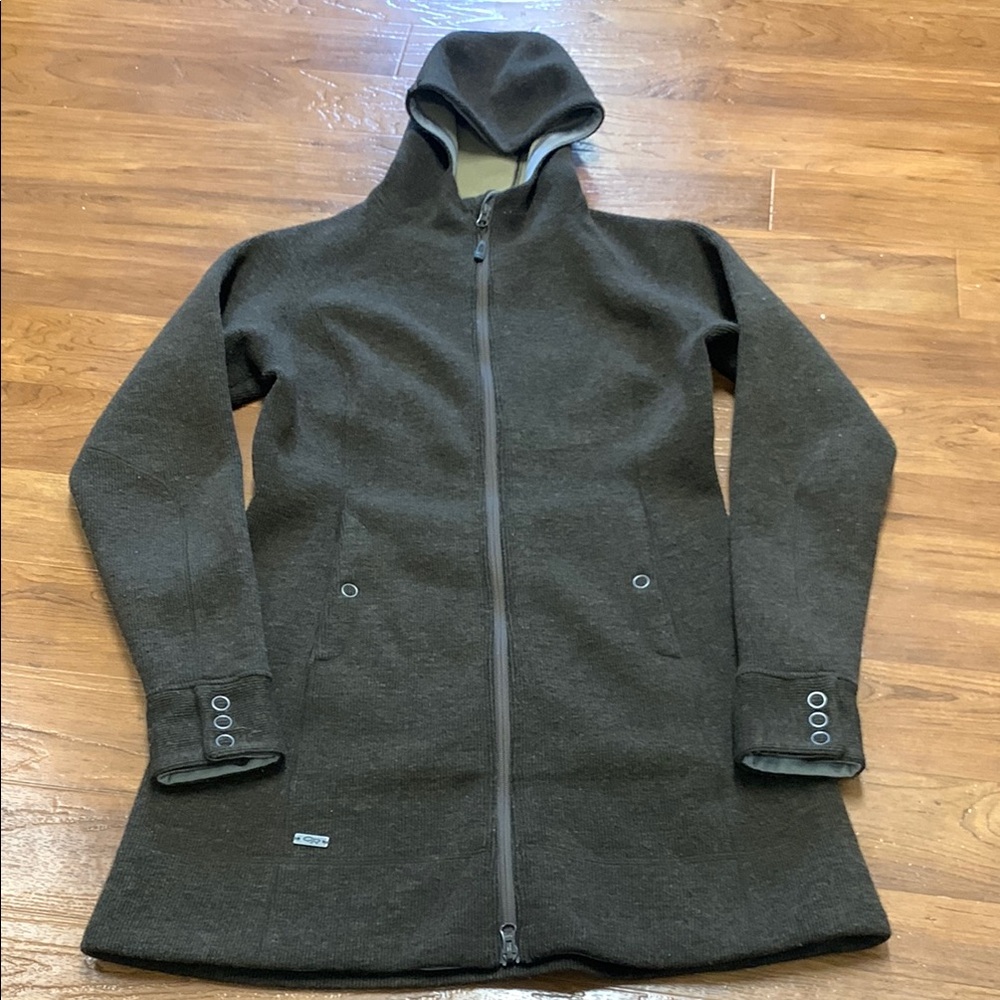 Outdoor Research Wool Hooded Long Zip Coat in Dark Olive